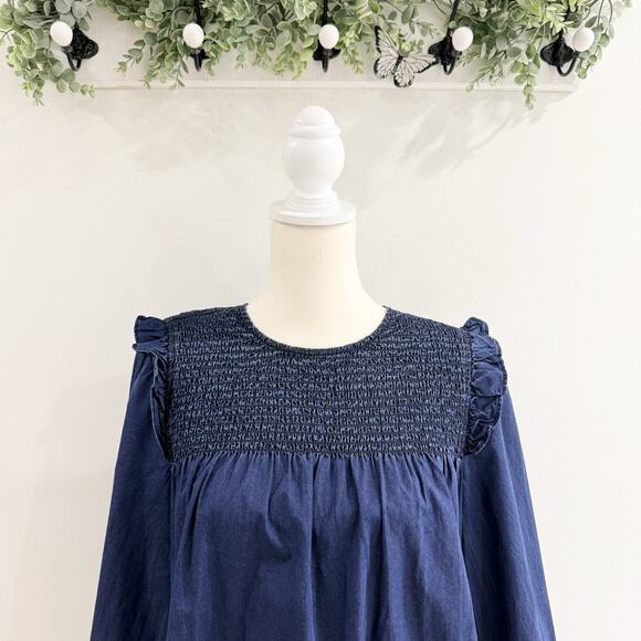 Madewell Indigo Ruffle Neck Smocked Babydoll Dress Lalaine Wash Size M NWT - Picture 3 of 7